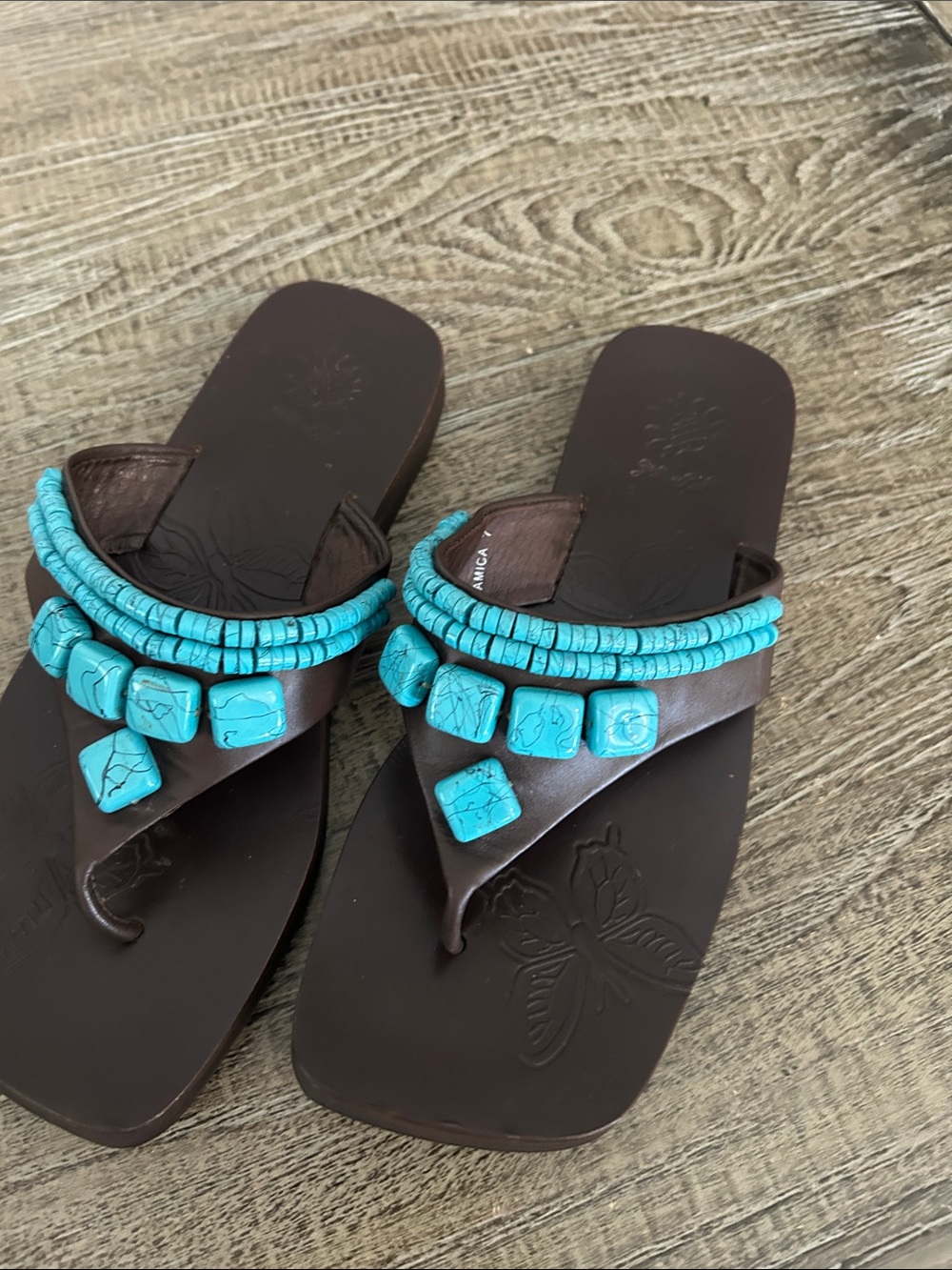 Brown Beaded Women's Toe-Post Sandals with Turquoise Accents
